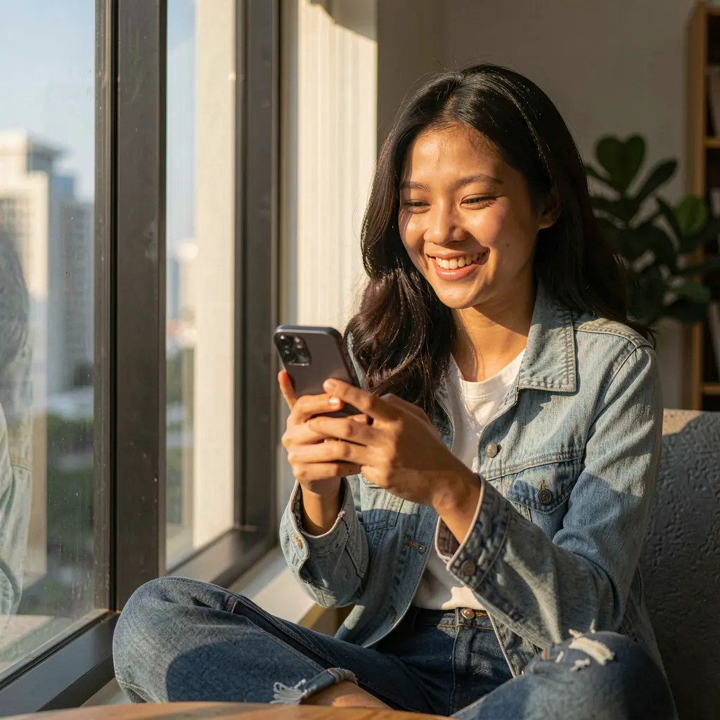 G4888 App – Enjoy smooth and stylish mobile casino gaming in the Philippines Filipino woman relaxing by a window while using the G4888 casino app on her smartphone with soft sunlight on her face