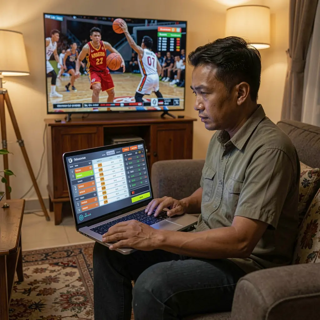 Focused Filipino player placing live basketball bets on a laptop with G4888 while watching the match on TV in a cozy home setting