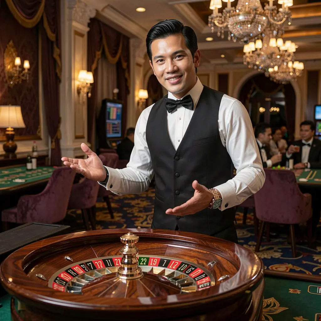 G4888 – Experience premium live roulette with professional dealers in the Philippines Elegant live roulette dealer in a black vest and bow tie presenting the wheel in a luxury casino setting on G4888 for players in the Philippines