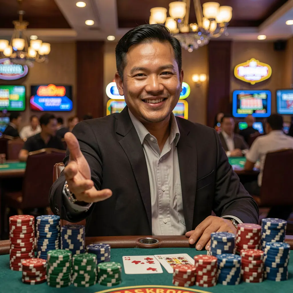 G4888 Login – Easy and secure access to your casino account in the Philippines Friendly Filipino casino host surrounded by glowing chips and lights inviting players to join the G4888 platform