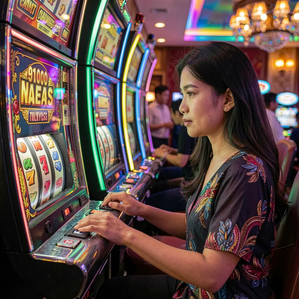 Focused Filipino player enjoying modern slot machines with bright screens and dynamic casino lighting at G4888 casino in the Philippines